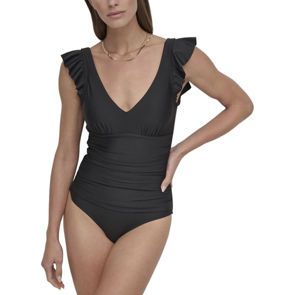 Dkny Womens Ruffle Sleeve Swimsuit, Black